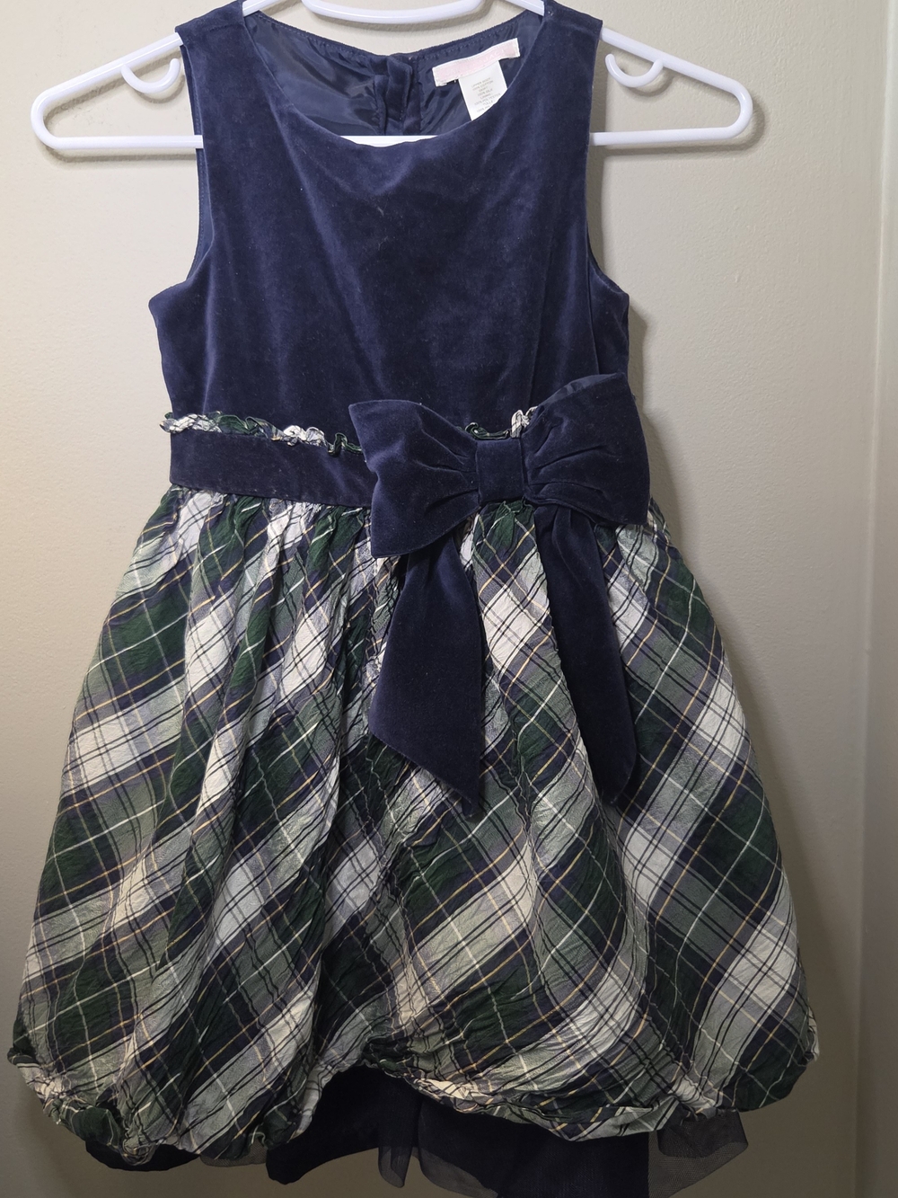 Janie & Jack Silk & Velvet Plaid Bow Holiday Dress- Navy and Green